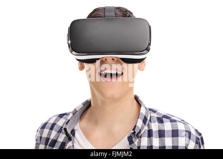Joyful man using a VR headset and experiencing virtual reality isolated on white background Stock Photo