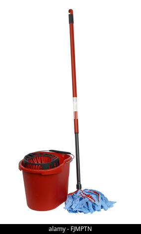 Mop and red bucket on white background, cut out of a mop and bucket Stock Photo