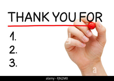 Hand underlining Thank You For List with red marker isolated on white. Stock Photo