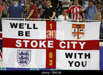 KYIV, UKRAINE - September 15, 2011: FC Stoke City supporters show their support during UEFA Europa League game against FC Dynamo Kyiv on September 15, 2011 in Kyiv, Ukraine Stock Photo