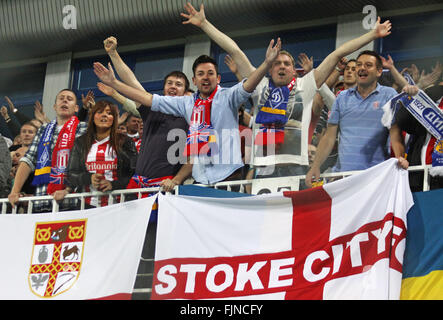 KYIV, UKRAINE - September 15, 2011: FC Stoke City supporters show their support during UEFA Europa League game against FC Dynamo Stock Photo