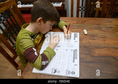 Boy doing his homework, child studying at home, homework Stock Photo