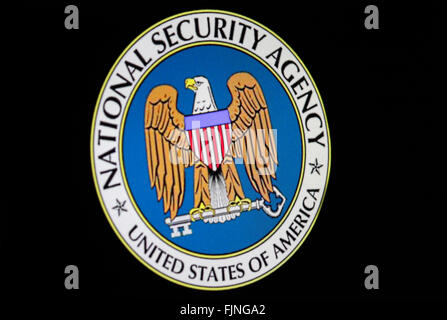 das Logo der 'NSA - National Security Administration', Berlin. Stock Photo