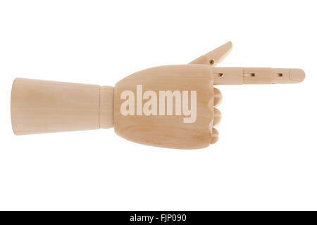 Wooden hand mannequin pistol gesture on white background Stock Photo