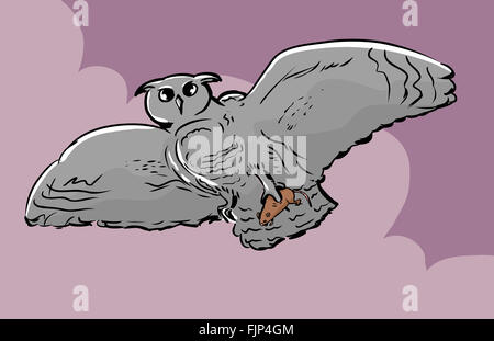 Low angle view illustration of owl with widespread wings and rat caught in talons Stock Photo