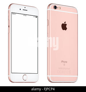 Varna, Bulgaria - October 24, 2015: Front view of Rose Gold Apple iPhone 6S mockup slightly rotated with white screen Stock Photo