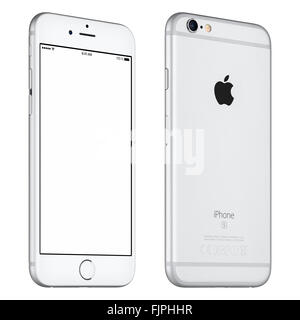 Varna, Bulgaria - October 24, 2015: Front view of Silver Apple iPhone 6S mockup slightly rotated with white screen and back side Stock Photo