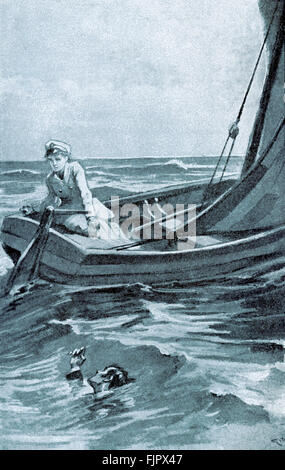 Daniel Deronda by George Eliot. Henleigh Grandcourt drowns in a boating accident with Gwendolen in Italy. Caption reads: 'I saw him sink.' Illustration by Gordon Browne. First published 1876.  GE - was a pen name for Mary Ann Evans 22 November 1819 – 22 December 1880.  GB: English artist 15 April 1858 – 27 May 1932 Stock Photo