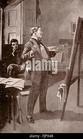 Daniel Deronda by George Eliot. Hans Meyrick showing his paintings to Daniel Deronda. Caption reads: 'Art, my Eugenius, must intensify.' Illustration by Gordon Browne. First published 1876.  GE - was a pen name for Mary Ann Evans 22 November 1819 – 22 December 1880.  GB: English artist 15 April 1858 – 27 May 1932 Stock Photo