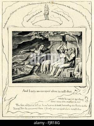 The Book of Job, illustration by William Blake. First published 1826.   ' While he was yet speaking, there came also another, and said, The fire of God is fallen from heaven, and hath burned up the sheep, and the servants, and consumed them; and I only am escaped alone to tell thee .'  (London Published as the Act directs by William Blake March 8 1825 N3 Fountain Court Strand . Proof)  WB: English poet, painter. 28 November 1757 – 12 August 1827 Stock Photo