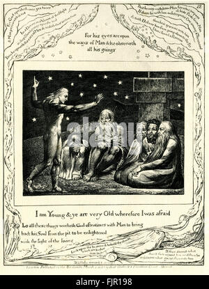 The Book of Job, illustration by William Blake. First published 1826.  'And Elihu the son of Barachel the Buzite answered and said 'I am Young & ye are very Old wherefore I was afraid. ' ' 'Lo all these things worketh God oftentimes with Man to bring back his Soul from the pit to be enlightened with the light of the living'; 'Look upon the heavens and behold the clouds which are higher than thee'; 'If thou sinnest what does thou against him, and thou be righteous what givest them unto him'. (Wrath of Elihu)  (London Published as the Act directs by William Blake March 8 1825 N3 Fountain Court S Stock Photo