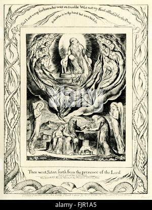 The Book of Job, illustration by William Blake. First published 1826 . 'Then went Satan forth from the presence of the Lord.' 'Did I not weep for him who was in trouble? Was not my soul afflicted for the poor?'; Behold he is in thy hand: but save his life; 'And it grieved him at his heart who maketh his Angels Spirits and his Ministers a Flaming Fire  (London Published as the Act directs by William Blake March 8 1825 N3 Fountain Court Strand . Proof)  WB: English poet, painter. 28 November 1757 – 12 August 1827 Stock Photo