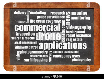 commercial drone applications word cloud on a vintage blackboard Stock Photo