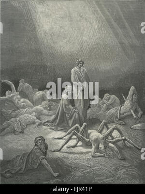 Dante's purgatory, part of his Divina Commedia / Divine Comedy. Illustration by Gustave Doré. Canto XII lines 39-41 'O fond Arachne! Thee I saw, / Half spider now, in anguish, crawling up / The unfinish'd web thou weaved'st to thy bane' Dante Alighieri: mid-May to mid-June 1265 - September 13/14, 1321. Stock Photo