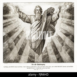 First day of creation, Genesis chapter I verses 1-3 ' In the beginning God created the heaven and the earth. And the earth was without form, and void; and darkness was upon the face of the deep. And the Spirit of God moved upon the face of the waters. And God said, Let there be light: and there was light.' 1852-60 illustration by Julius Schnorr von Carolsfeld Stock Photo