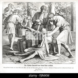 Ham sees his father's nakedness, and Noah curses him and his sons, Genesis chapter IX verses 24-25 'And Noah awoke from his wine, and knew what his younger son had done unto him.  And he said, Cursed be Canaan; a servant of servants shall he be unto his brethren.' 1852-60 illustration by Julius Schnorr von Carolsfeld Stock Photo