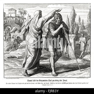 Samuel annoints Saul as King of Israel, 1 Samuel chapter X verse 1 'Then Samuel took a vial of oil, and poured it upon his head, and kissed him, and said, Is it not because the Lord hath anointed thee to be captain over his inheritance?' 1852-60 illustration by Julius Schnorr von Carolsfeld Stock Photo