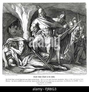 David spares Saul's life in the cave, 1 Samuel chapter XXIV verses 5 - 7 'And it came to pass afterward, that David's heart smote him, because he had cut off Saul's skirt. And he said unto his men, The Lord forbid that I should do this thing unto my master, the Lord's anointed, to stretch forth mine hand against him, seeing he is the anointed of the Lord. So David stayed his servants with these words, and suffered them not to rise against Saul. But Saul rose up out of the cave, and went on his way.' 1852-60 illustration by Julius Schnorr von Carolsfeld Stock Photo