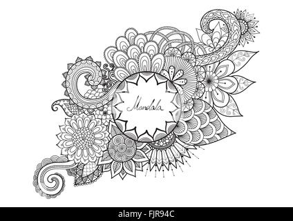 Line art design of fairy girl walking in floral jungle for adult coloring book  page and design element. Vector illustration. Stock Vector