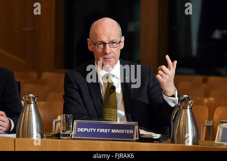 Edinburgh, Scotland, 3rd March, 2016, Scottish Finance Secretary John Swinney is questioned by the Scottish Parliament's Devolution Committee on the recently agreed 'fiscal framework'  for dealing with new powers to be devolved under the Scotland Bill, in an evidence session which also included Greg Hands MP, Chief Secretary to the Treasury Credit:  Ken Jack / Alamy Live News Stock Photo