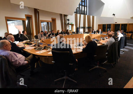 Edinburgh, Scotland, 3rd March, 2016, Scottish Finance Secretary John Swinney is questioned by the Scottish Parliament's Devolution Committee on the recently agreed 'fiscal framework'  for dealing with new powers to be devolved under the Scotland Bill, in an evidence session which also included Greg Hands MP, Chief Secretary to the Treasury Credit:  Ken Jack / Alamy Live News Stock Photo