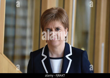 Edinburgh, Scotland, United Kingdom, 03, March, 2016. Scotland's First Minister Nicola Sturgeon arrives for First Minister's Questions in the Scottish Parliament Credit:  Ken Jack / Alamy Live News Stock Photo