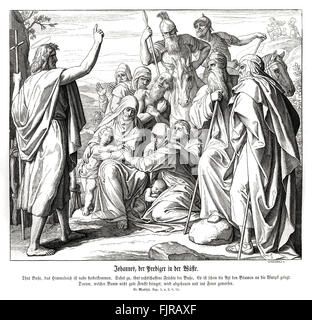 John the Baptist preaching in the wilderness, Gospel of Matthew chapter III verses 8 - 9 'Bring forth therefore fruits meet for repentance: And think not to say within yourselves, We have Abraham to our father: for I say unto you, that God is able of these stones to raise up children unto Abraham.' 1852-60 illustration by Julius Schnorr von Carolsfeld Stock Photo