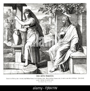 Jesus and the Samaritan woman, Gospel of John chapter IV verses 25 - 26 'The woman saith unto him, I know that the Messiah cometh, which is called Christ: when he is come, he will tell us all things. Jesus saith unto her, I that speak unto thee am he.' 1852-60 illustration by Julius Schnorr von Carolsfeld Stock Photo