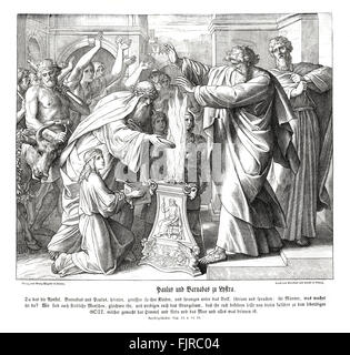 Paul and Barnabus in Lystria, Acts chapter XIV verses 14 - 15 'Which when the apostles, Barnabas and Paul, heard of, they rent their clothes, and ran in among the people, crying out, And saying, Sirs, why do ye these things? We also are men of like passions with you, and preach unto you that ye should turn from these vanities unto the living God, which made heaven, and earth, and the sea, and all things that are therein' 1852-60 illustration by Julius Schnorr von Carolsfeld Stock Photo