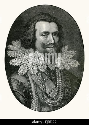 George Villiers, 1st Duke of Buckingham. After engraving by W J Delff. He was a  courtier who became a favourite of King James I who made him Viscount in 1616, Earl in 1617, Marquis in 1618 and Duke of Buckingham in 1623.   Villiers was appointed Lord High Admiral in 1619.  Also served Charles I.  28 August 1592 – 23 August 1628 Stock Photo