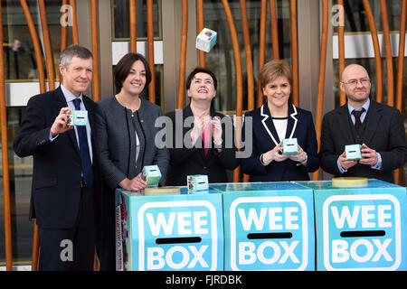 Edinburgh, Scotland, United Kingdom, 03, March, 2016. Scottish party leaders pose for a photocall in support of Catholic charity SCIAF outside the Scottish Parliament. L to R  - Kezia Dugdale, Ruth Davidson, Nicola Sturgeon, Willie Rennie, Patrick Harvie, Credit:  Ken Jack / Alamy Live News Stock Photo