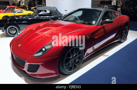 Three-quarter view of a  Ferrari 599 GTO, on display at the 2016 London Classic Car Show. Stock Photo