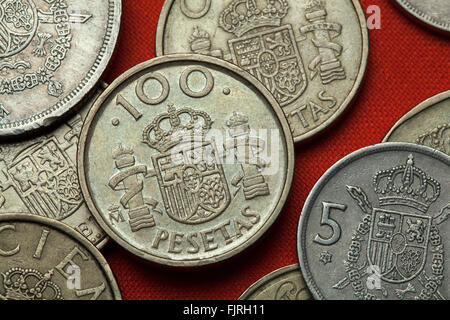 Coins of Spain. Coat of arms of Spain depicted in the Spanish 100 peseta coin. Stock Photo