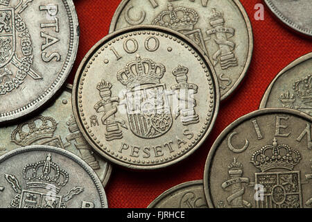 Coins of Spain. Coat of arms of Spain depicted in the Spanish 100 peseta coin. Stock Photo