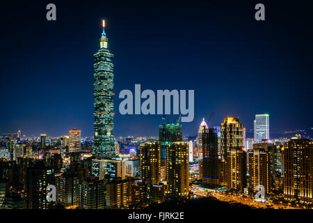 View of Taipei 101 and the Taipei skyline at night, from Elephant Mountain, in Taipei, Taiwan. Stock Photo