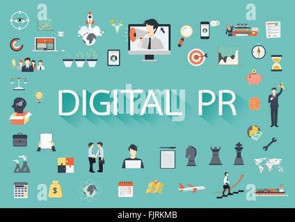 Digital PR vector concept with flat icons illustration for presentations and reports Stock Vector