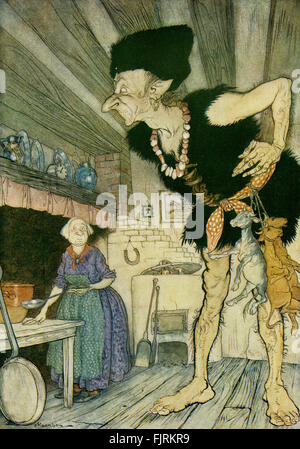 Jack and the Beanstalk, English fairy tale. Jack peeps into the ogre's kitchen and sees the ogre and his wife. Caption reads: 'Fee-fi-fo-fum, I smell the blood of an Englishman'. Illustration by Arthur Rackham (1867 - 1939)