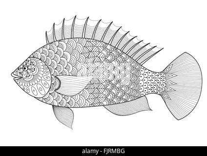Fish line art design for coloring book for adult, tattoo, T shirt design, element for design and so on Stock Vector