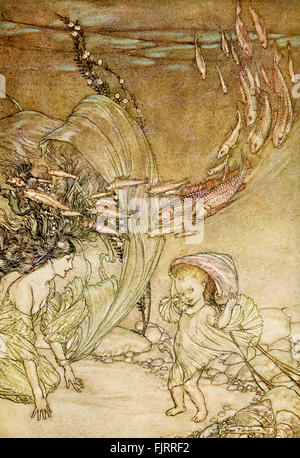 Undine  by Friedrich de la Motte Fouqué, illustrated by Arthur Rackham. ( Undine, a water spirit, marries a knight named Huldebrand in order to gain a soul). Caption reads 'The infancy of Undine'. Illustrator AR 1867-1939. Author F de la MF 12 February 1777 – 23 January 1843. Stock Photo