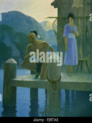 The Deerslayer by James Fenimore Cooper. Chingachgook and Hist / Wah-tah! Wah Caption reads: '…She found Chingachgook studying the shores of the lake, the mountains, and the heavens...'  Illustration by N C Wyeth. (1882-1945) JFC. American author 15 September   1789 – 14  September  1851 Stock Photo