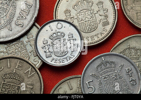 Coins of Spain. Coat of arms of Spain depicted in the Spanish 10 peseta coin. Stock Photo