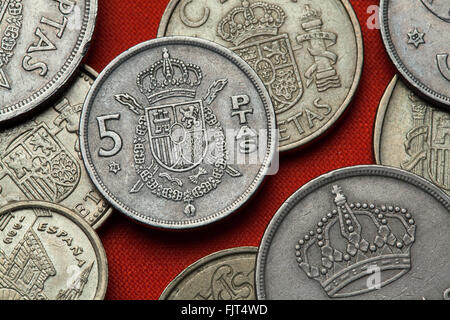 Coins of Spain. Coat of arms of Spain depicted in the Spanish 5 peseta coin. Stock Photo