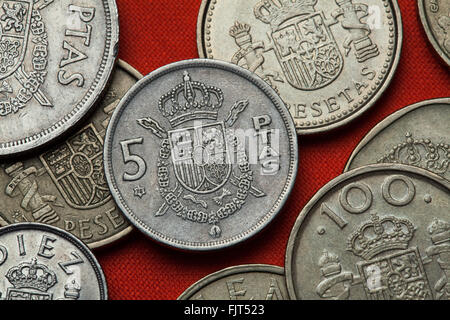 Coins of Spain. Coat of arms of Spain depicted in the Spanish 5 peseta coin. Stock Photo