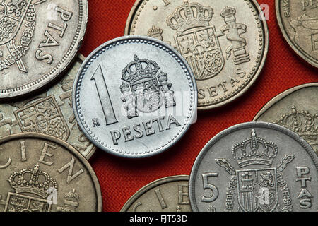 Coins of Spain. Coat of arms of Spain depicted in the Spanish one peseta coin (1989). Stock Photo