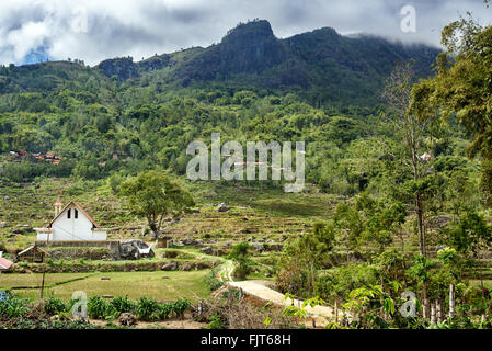 Church in green rice field at Lempo village. Tana Toraja. South Sulawesi, Indonesia Stock Photo