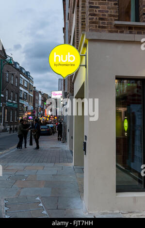 London, UK.  3 March 2016.  A new hotel, 'hub' by Premier Inn, opens on Brick Lane.  The 189-room budget hotel stands opposite the Jamme Masjid mosque and on the site of the now demolished BanglaCity supermarket.  Critics have stated that the new hotel adds to the argument that the area is becoming sanitised by big brands as it becomes further gentrified. Credit:  Stephen Chung / Alamy Live News Stock Photo