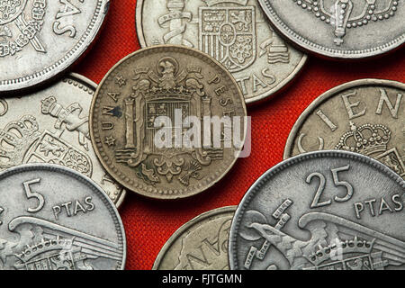 Coins of Spain. Coat of arms of Spain under Franco depicted in the Spanish one peseta coin (1966). Stock Photo