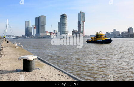 Iconic Rotterdam skyline. Erasmus bridge, Maastoren, De Rotterdam (Koolhaas, 2013), World Port center & Montevideo skyscrapers Stock Photo