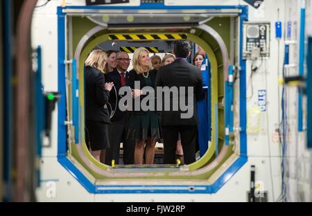 NASA Administrator Charles Bolden, left, and Dr. Jill Biden, wife of Vice President Joe Biden during a tour of a mockup of the International Space Station at the Johnson Space Center March 2, 2016 in Houston, Texas. Stock Photo