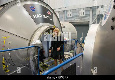 Dr. Jill Biden, wife of Vice President Joe Biden during a tour of a mockup of the International Space Station at the Johnson Space Center March 2, 2016 in Houston, Texas. Stock Photo